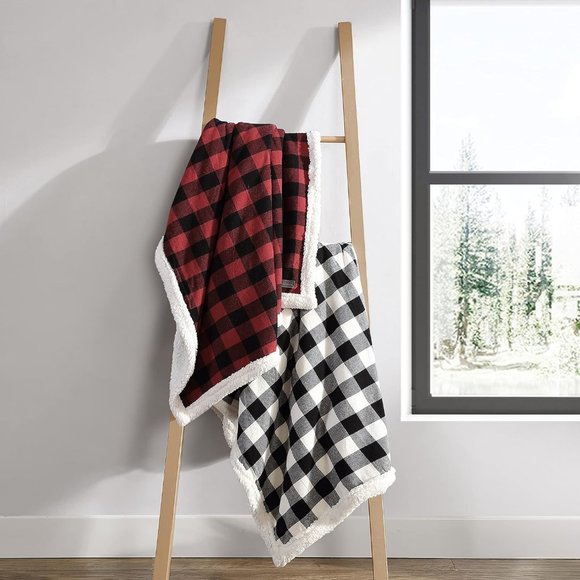 Red Check Reversible Sherpa Fleece Bedding Buffalo Plaid Home Decor All Seasons - Picture 6 of 13